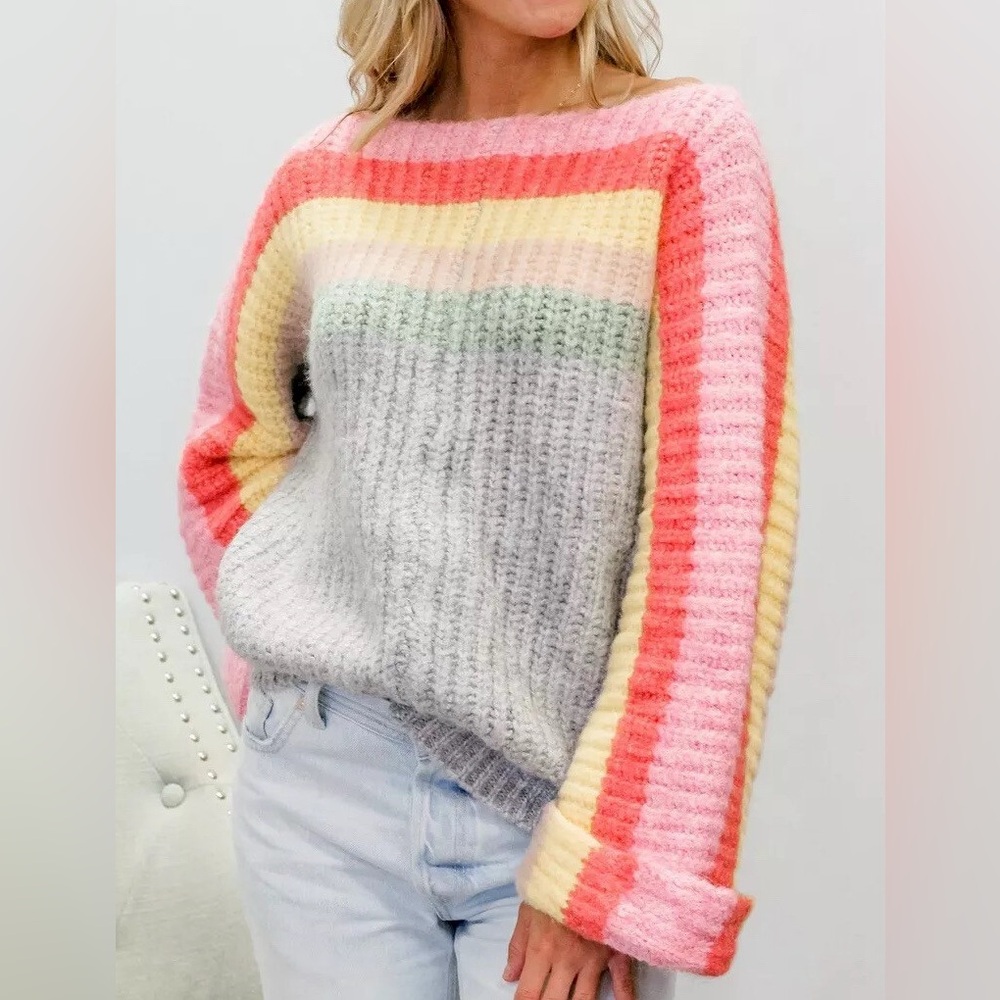 POL Oversized Multicolor Knit Chunky Rainbow Cake Sweater